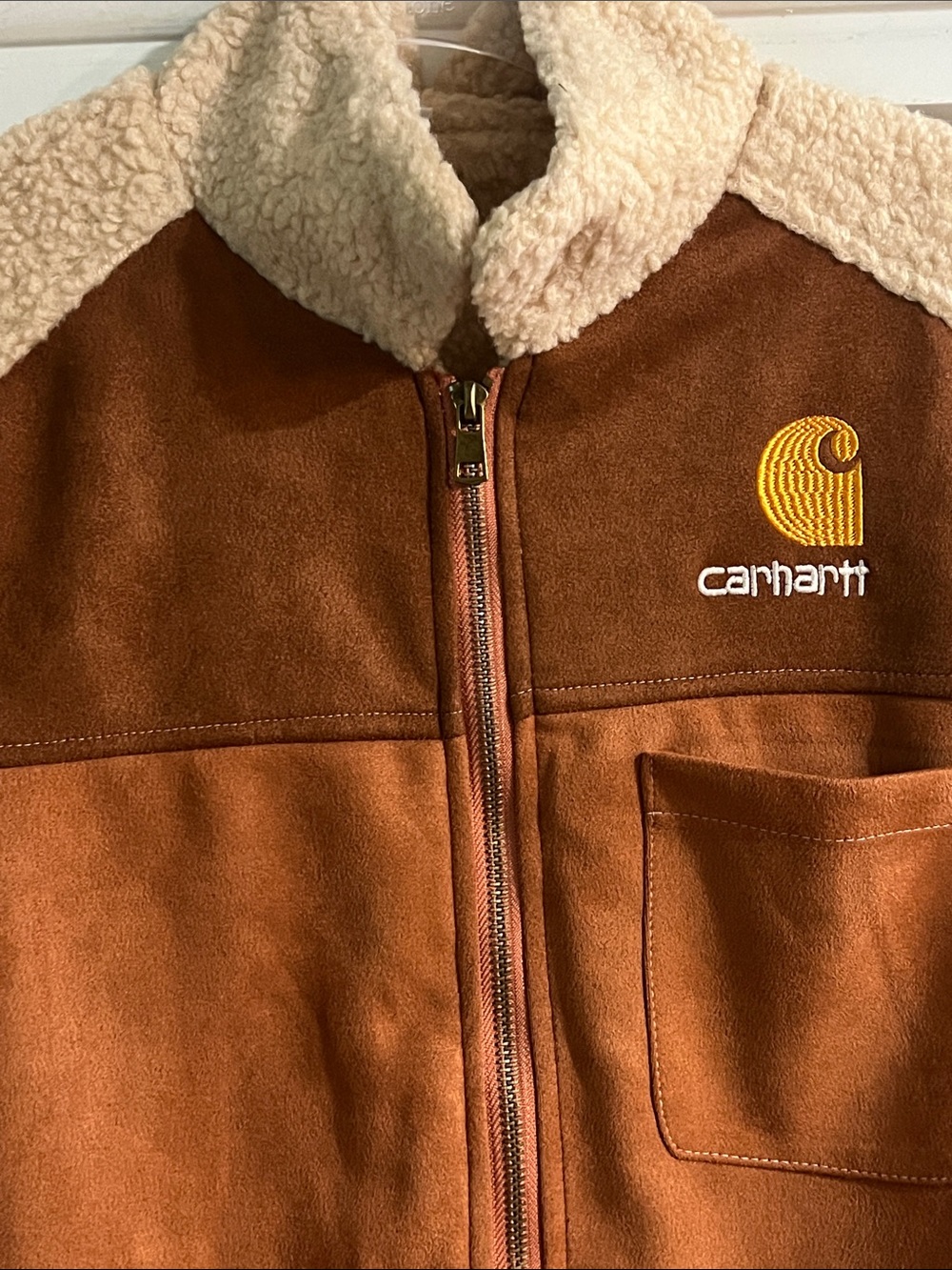 CARHARTT Faux Suede Sherpa Lined Zip Up Brown Jacket Size Small - Picture 2 of 9